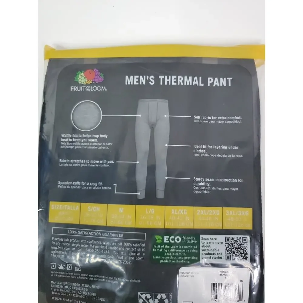 New Fruit Of The Loom 1 Men’s Thermal Black Pants Size L base layer